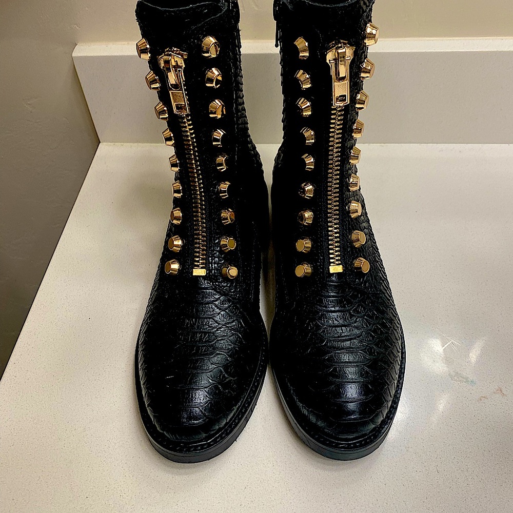 Jeffrey Campbell Black Combat Boots with Gold Hardware Zip Front